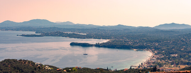 Sunset over Barbati and Ypsos Bay in Corfu Kerkyra, Greece, Ionian Islands, Europe