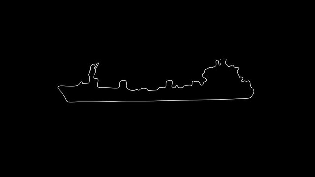 white linear military tanker silhouette. the picture appears and disappears on a black background.
