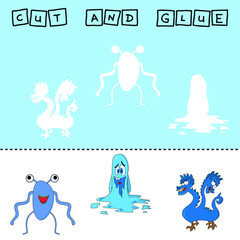 Vector illustration of mead monsters lacking the desired element. paper game for the development of preschoolers. Cut out parts of the image and glue on the cute heroes. A fun game for kids and kids