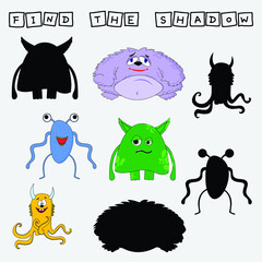 Find a shadow  monsters. Match   funny heroes  with correct shadow.  Preschool worksheet, kids activity worksheet, printable worksheet
