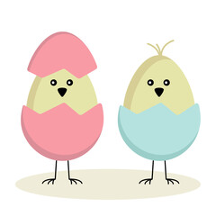Vector illustration of Easter chickens. Vector collection of Easter elements for design. Two Easter eggs.