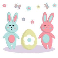 Set of cute Easter bunnies. Vector illustration Couple Easter bunnies and Easter egg. Collection of Easter elements for your design.