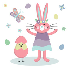 Vector Easter illustration. Cute Easter bunny and Easter eggs. Collection of spring elements for your design. Happy Easter.