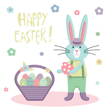 Vector Easter illustration. Cute Easter bunny and Easter egg basket. Collection of festive elements for your design. Happy Easter.