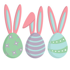Vector set of Easter eggs. Set of cute Easter bunnies. Vector illustration of Easter eggs with rabbit ears. Collection of Easter elements for your design.