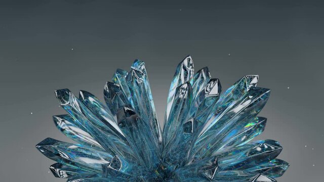 Druse of aquamarine raw crystals is spinning. 3D render seamless loop animation