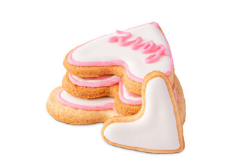 Stack of heart shaped cookies with text LOVE isolated on white. Romantic handmade pastry for valentine or wedding day.