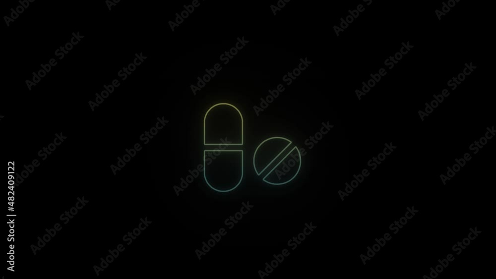 Sticker Glowing neon tablets on black background. 4K video for your project.