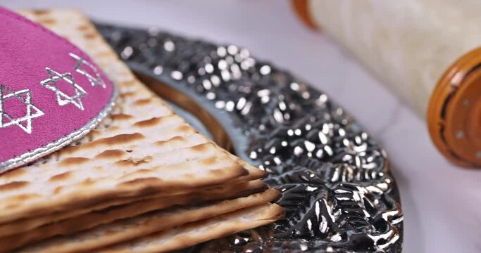 Prayer book with Torah scroll and prayer shawl tallit Jewish Orthodox religious symbols