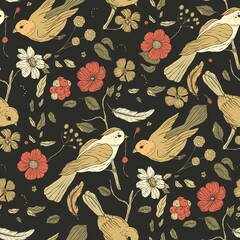 Vintage bird boho rose poppy floral seamless pattern © trihubova