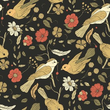 Vintage Bird Boho Rose Poppy Floral Seamless Pattern