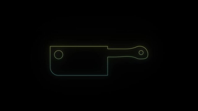 Glowing neon kitchen ax on black background. 4K video for your project.