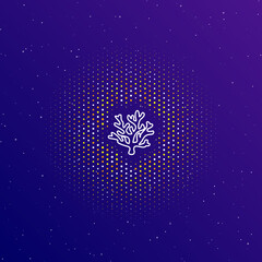 A large white contour coral symbol in the center, surrounded by small dots. Dots of different colors in the shape of a ball. Vector illustration on dark blue gradient background with stars
