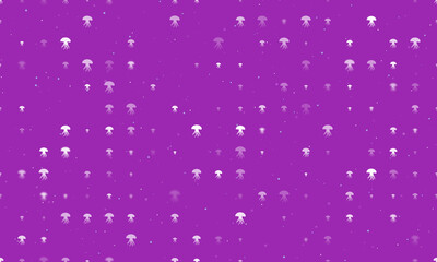 Seamless background pattern of evenly spaced white jellyfish symbols of different sizes and opacity. Vector illustration on purple background with stars