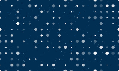 Seamless background pattern of evenly spaced white sea shell symbols of different sizes and opacity. Vector illustration on dark blue background with stars