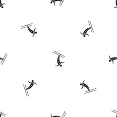 Seamless pattern of repeated black freestyle skiing symbols. Elements are evenly spaced and some are rotated. Vector illustration on white background