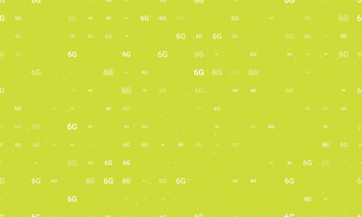 Seamless background pattern of evenly spaced white 6G symbols of different sizes and opacity. Vector illustration on lime background with stars