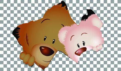 Two cute teddy bears peek out. Vector illustration isolated on transparent background