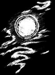White moon in clouds on a black sky