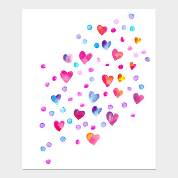 Hand drawn watercolor card with heart shapes and dots in red, purple and pink colors