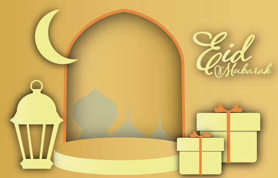 Eid Al-Fitr 3D Paper Art background.Crescent, Lantern and gift boxes. Mubarak Banner Celebration Design.