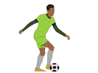 Vector illustration of a flat face of a football player wearing a green jersey dribbling a ball.