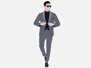 A vector illustration of a flat face wearing glasses wearing a tuxedo jacket. Formal work dress fashion theme.