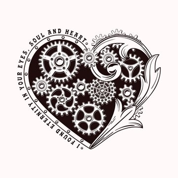 Heart decorated with gears, rivets and victorian elements in steampunk style. Love theme inscription. Black emblem on white background.