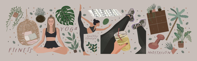 Fitness, yoga and meditation. Vector illustrations of a healthy lifestyle, proper nutrition, people involved in sports in nature, at home and in the studio - obrazy, fototapety, plakaty