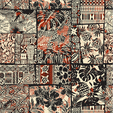 Hawaiian hibiscus and tribal element fabric patchwork abstract vintage vector seamless pattern 