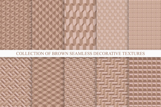 Collection of vector seamless brown decorative textures. Geometric repeatable backgrounds. Elegant tile endless 3d patterns