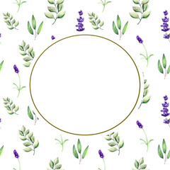 Round frame on a background of green leaves and lavender flowers with space for text. Watercolor drawing for the design of postcards, invitations and banners.