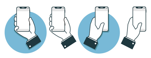 ensemble d'icônes représentant une main tenant un téléphone portable, un smartphone. Illustration en flat design, isolée sur fond blanc.