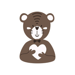 Cute cartoon teddy bear with a heart. Teddy bear in love for Valentine's Day. Simple flat vector illustration
