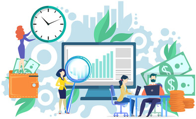 Employees working with presentation of statistics, accounting. Business team analysing data, growth of profit graph. Managers prepare statistical report. Colleagues discuss business indicators