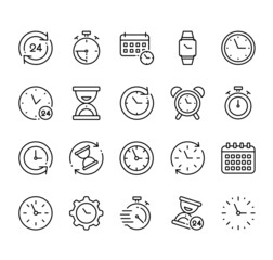 Set of time icons. Clock pictograms. Flat symbol for web. Watch line stroke. Isolated on white background. Vector date eps10