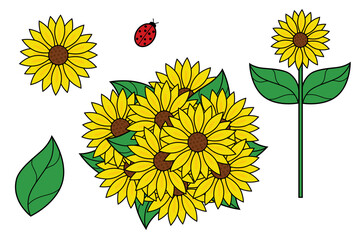 Sunflower assets collection design with ladybug, leaf, and bouquet.