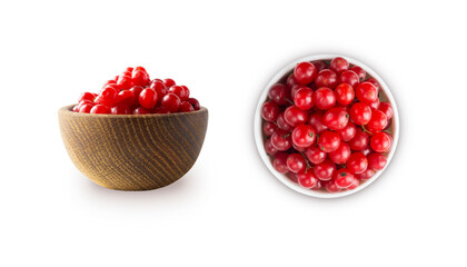 Berries viburnum in a bowl. Viburnum isolated on white background. Viburnum with copy space for text. Berries isolated on white background. Ripe viburnum close-up. Top view and front view.