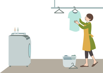 イラスト素材：エプロンをして笑顔で洗濯物を干す女性（家事代行・家事分担等のイメージに）
