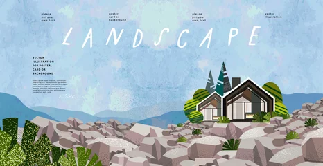 Zelfklevend Fotobehang Watercolor landscape with a house in nature. Rock view vector illustration with stones, villa and bushes. Drawing for banner, background or card © Ardea-studio