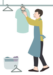 イラスト素材：エプロンをして笑顔で洗濯物を干す男性（家事代行・家事分担等のイメージに）