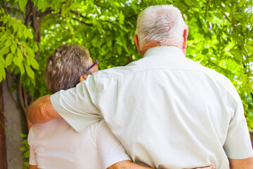 Elderly couple hugging, back view