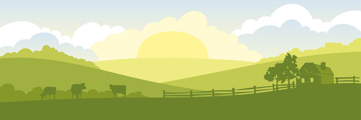 Abstract rural landscape with cows and farm house. Vector illustration, fields and meadows - obrazy, fototapety, plakaty