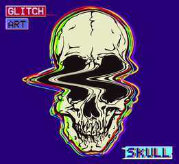 Vector GLITCH ART frontal skull illustration zigzag deformed in the style of old TV and VHS and RGB mode corrupted graphics signal.