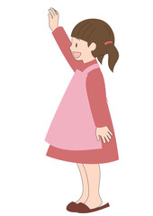 イラスト素材：エプロンをして笑顔で元気よく手を上げる女の子