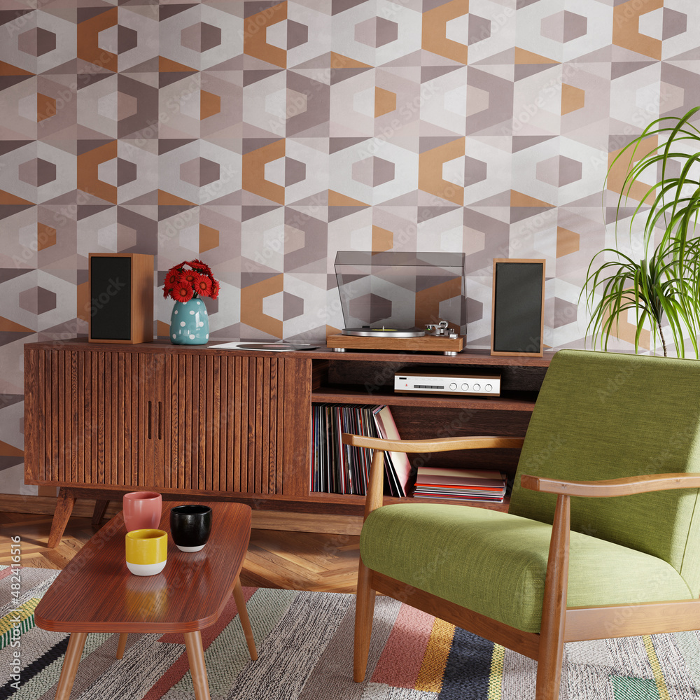 Poster retro style living room with hi-fi audio turntable. colorful patterns and furniture. 3d render. 3d i