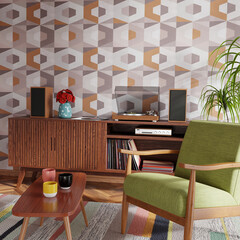 Retro style living room with hi-fi audio turntable. Colorful patterns and furniture. 3D render. 3D illustration.