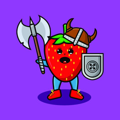 Cute cartoon character Strawberry viking pirate with hat and holding ax and shield in modern design for t-shirt, sticker, logo element, poster