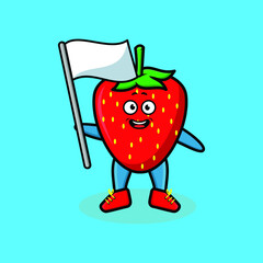 Cute cartoon Strawberry mascot character with white flag in modern design for t-shirt, sticker, logo element