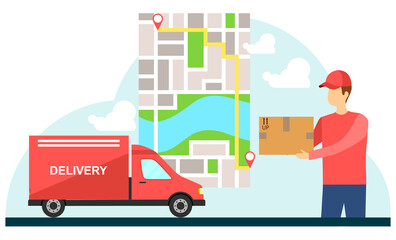 Goods delivery, goods delivery machine icon with courier. Delivery icon. Vector illustration.